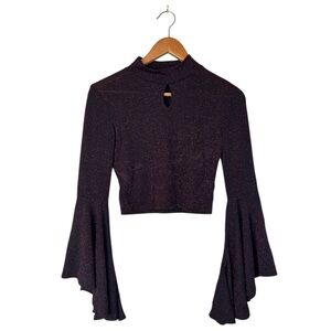 Fairy-core Glam Whimsical Metallic Glitter Mesh Bell Sleeve Keyhole Crop Top EUC